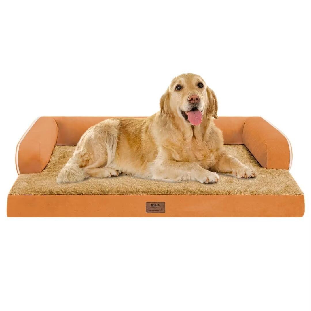 Large Dog Bed Orthopedic Washable, Orthopedic Dog Beds For Large Dogs With Washable Cover, Removable Bolster And Non-Slip Bottom Orange Large Dog Beds, Xl Xlarge Extra Large Dogs