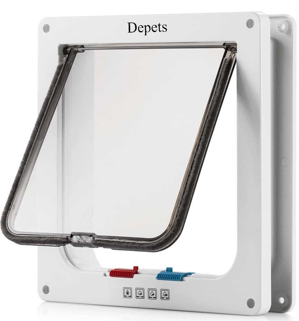Depets Large Cat Door (Outer Size 9.9' X 9.2'), 4 Way Locking Cat Flap Door For Interior Exterior Doors, Weatherproof Pet Door For Circumference < 23'