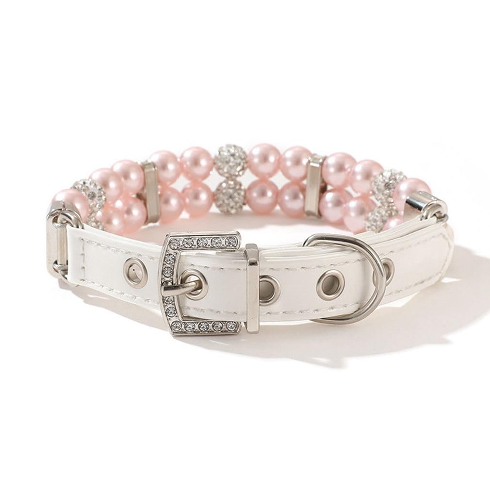Beaded Dog Collar, Pink Pearl Cat Collar Cute Pu Leather Girls Dog Necklace With Crystal Diamond Rhinestone Jewlled For Small Me