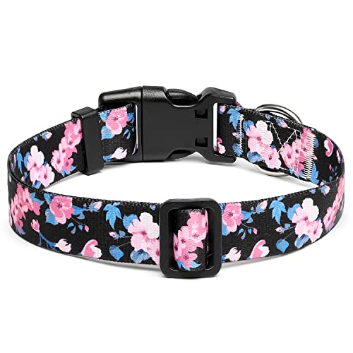 Suredoo Adjustable Dog Collar With Patterns, Ultra Comfy Soft Nylon Breathable Pet Collar For Small Medium Large Dogs (M, Pink Blue Flower)