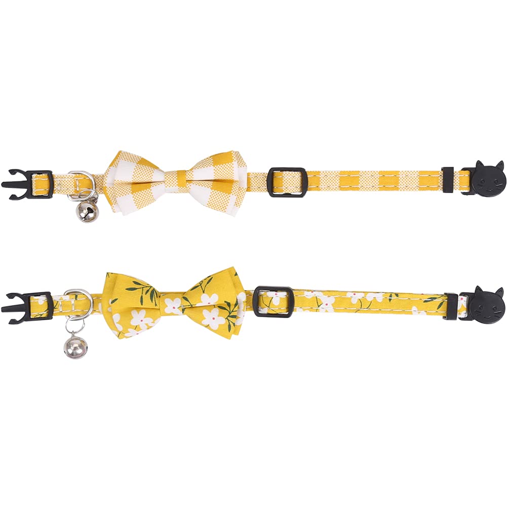 Lamphyface 2 Pack/Set Cat Collar Breakaway With Cute Bow Tie And Bell Plaid Flower For Kitty Adjustable Safety