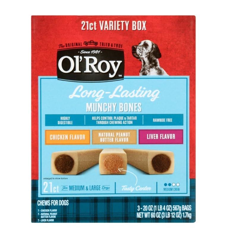 Ols~Roy Munchy Bones Dog Treats Value Pack, Original Chicken, Liver & Peanut Butter, Long lastin, Tail Waggin Bone Chews ~ (21 C