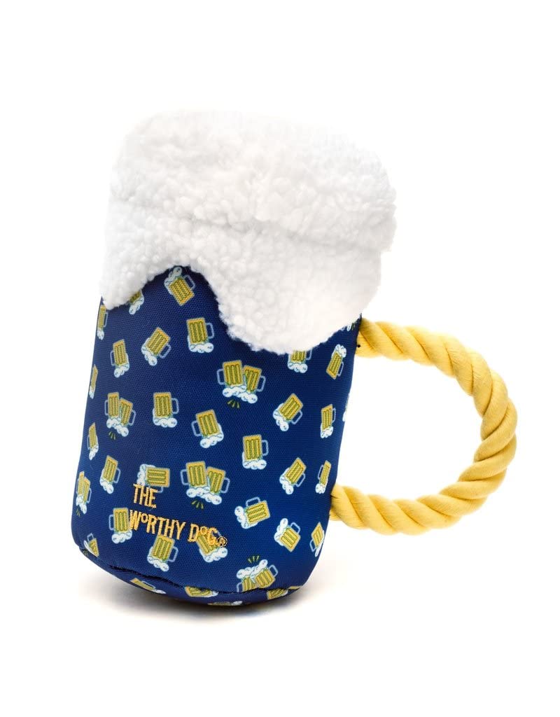 The Worthy Dog Cheers! Chew Toy Navy/White/Yellow, Fun Fetch Play With Squeaker For Dogs Durable Material For Aggressive Chewers-Large