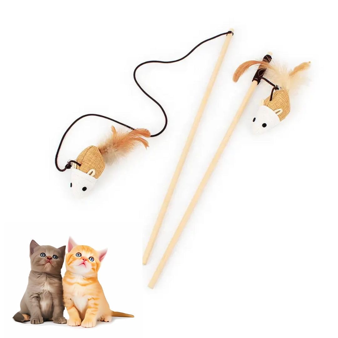 Pet Fun Interactive Cat Teasing Stick | Engaging Feather Wand Toy Set For Kitten & Cats, Activity Cat Jute Mouse Teaser Play Sti