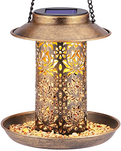 SWEETFULL Solar Bird Feeder for Outdoors Hanging, Metal Wild Bird Feeder for Cardinals Solar Garden Lantern with S Hook as Gift 