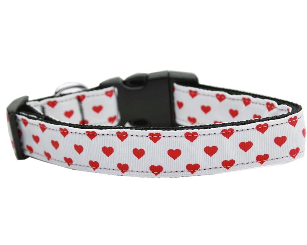 Pet Dog & Cat Nylon Collar or Leash, &quot;White and Red Dotty Hearts&quot; MD Narrow Collar