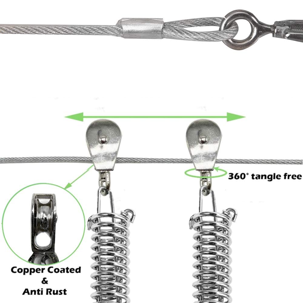 100Ft Dog Tie Out Aerial Run Trolley System - Heavy Duty Dog Aerial Run Cable With 10Ft Pulley Runner Line Holds 75Lbs Of Dogs F