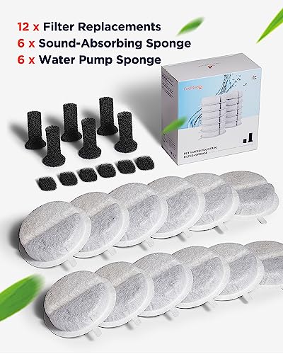Feelneedy 12 Pack Cat Water Fountain Filter & 6 Pack Pump Sponges & 6 Pack Sound-Absorbing Sponges, Pet Water Fountain Filter For 84 Fl Oz/2.5L Cat Water Fountain (F-016B)