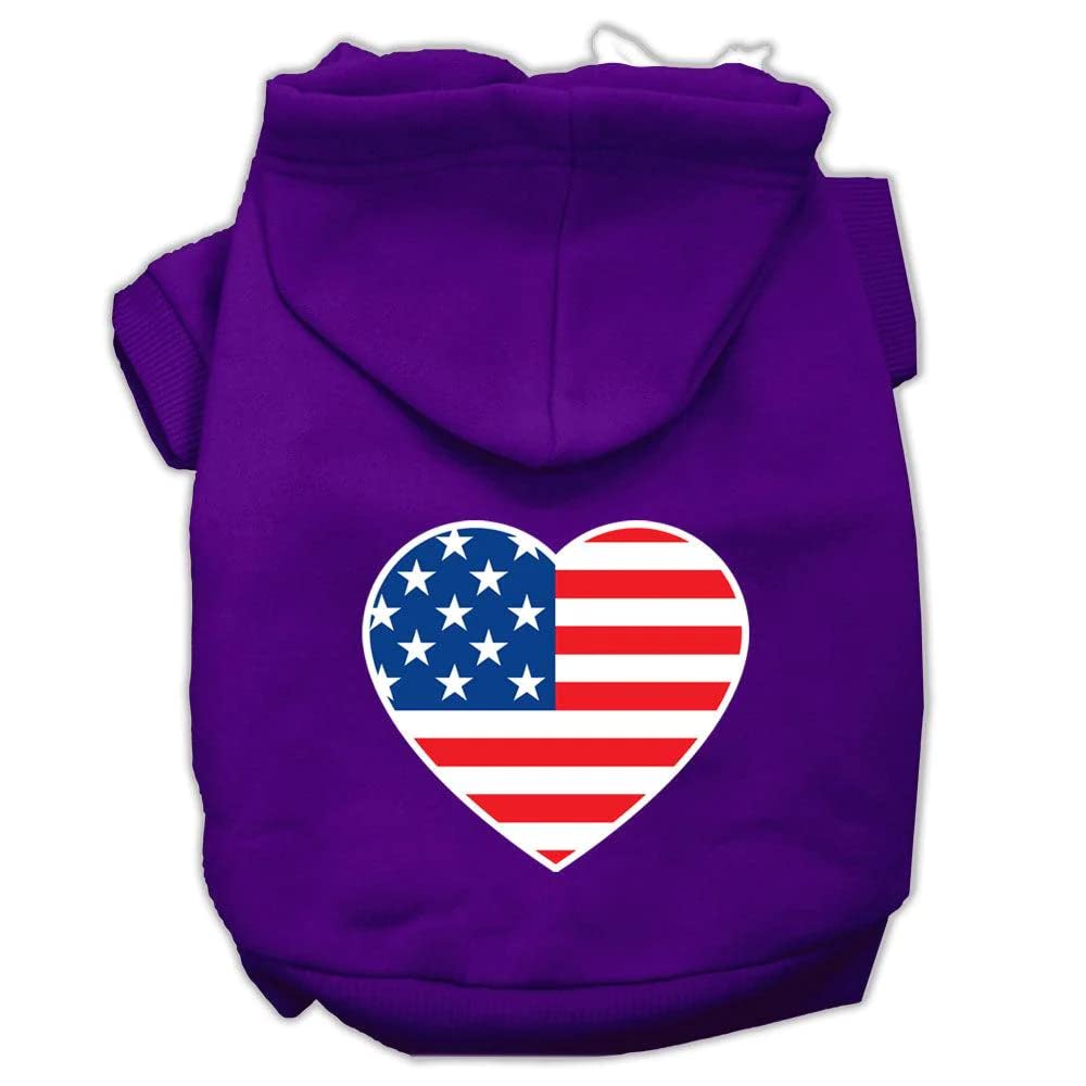 Pet Dog & Cat Hoodie Screen Printed, 'American Flag Heart' Purple Xs (0-3 Lbs.)