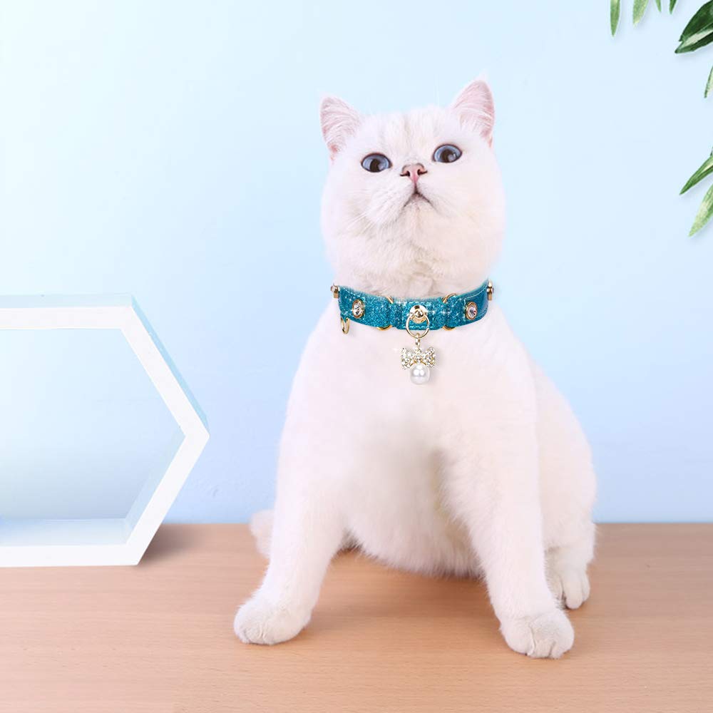 Petshome Cat Collar, Dog Collar, [Bling Rhinestones] Pu Leather Adjustable Pet Collar With Luxury Pendant For Big Cat And Small To Medium Dog Small Blue