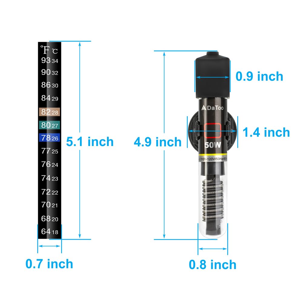 Datoo Mini Aquarium Heater 50W Small Fish Tank Heater 50 Watt With Free Thermometer Sticker