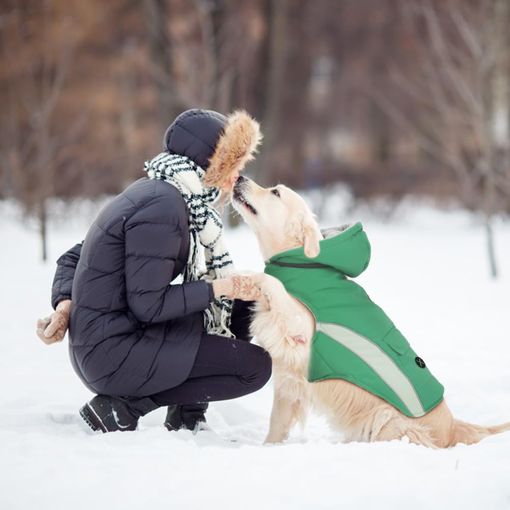 Emust Dog Coat - Windproof Winter Jacket With Hood, Large Dog Coats For Cold Weather, Thick Pet Apparel With Pocket, Xl/Green