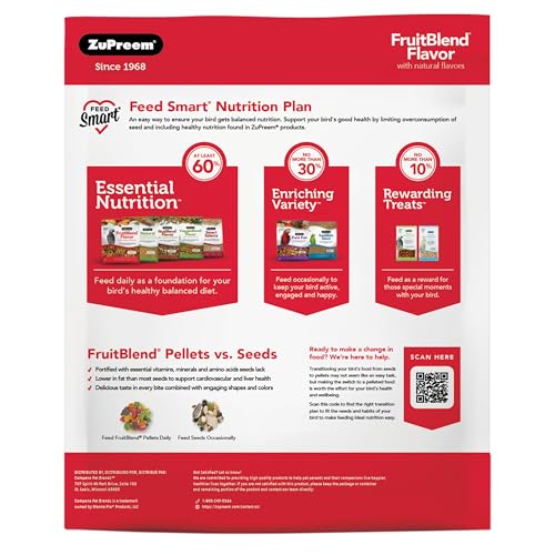 ZuPreem FruitBlend Bird Food, Bird Feed Pellets for Cockatiel, Lovebird, Quaker, Small Conure, Lorikeet, Core Nutrition with Nat