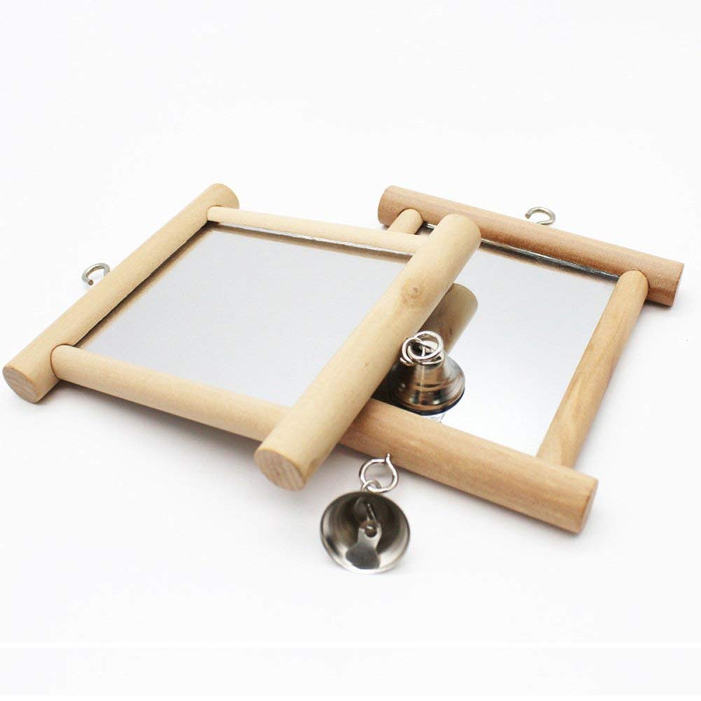 Bird Mirror Wooden Hanging Swing Interactive Play Toys For Small Parrot Budgies Macaw African Grey Parakeet Cockatiel Conure Lovebird Cage Accessories (Bird Mirror With Bell-2 Pcs)