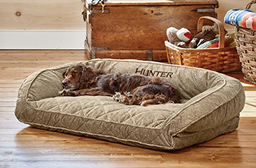 Orvis Comfortfill-Eco Bolster Dog Bed - Plush Rectangular Dog Beds With Three-Sided Bolster For Leaning, Brown Tweed - Small