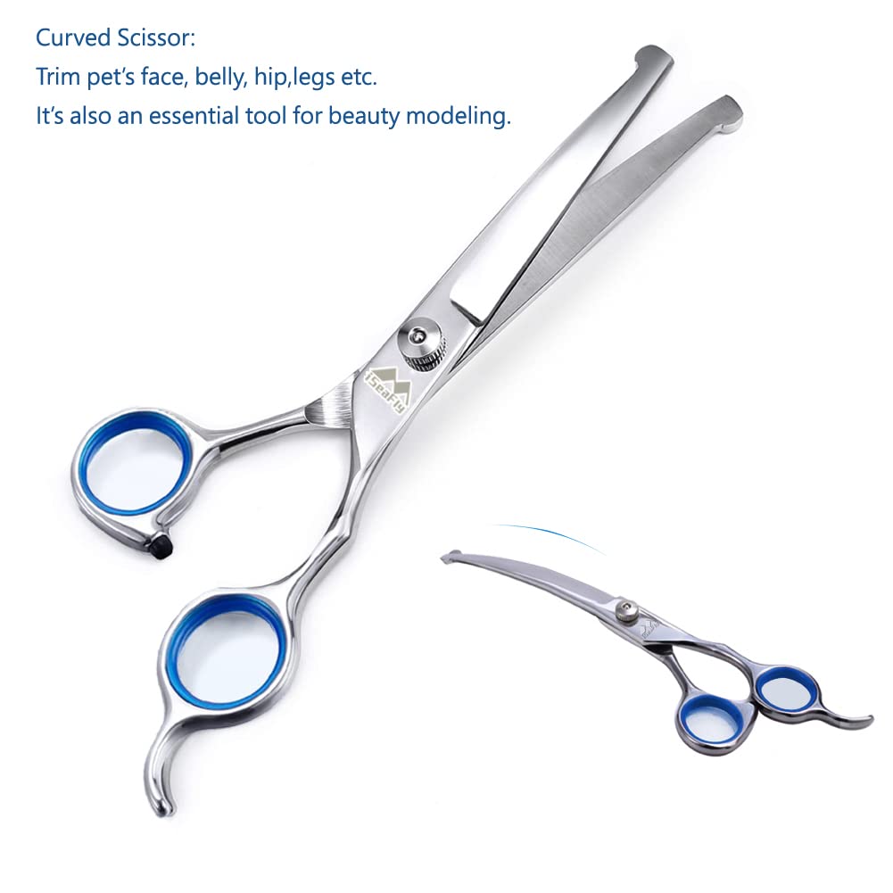 Iseafly Dog Scissors With Round Tip, 6 In 1 Dog Grooming Kit, Stainless Steel Pet Grooming Scissors For Full Body, Face, Nose, E