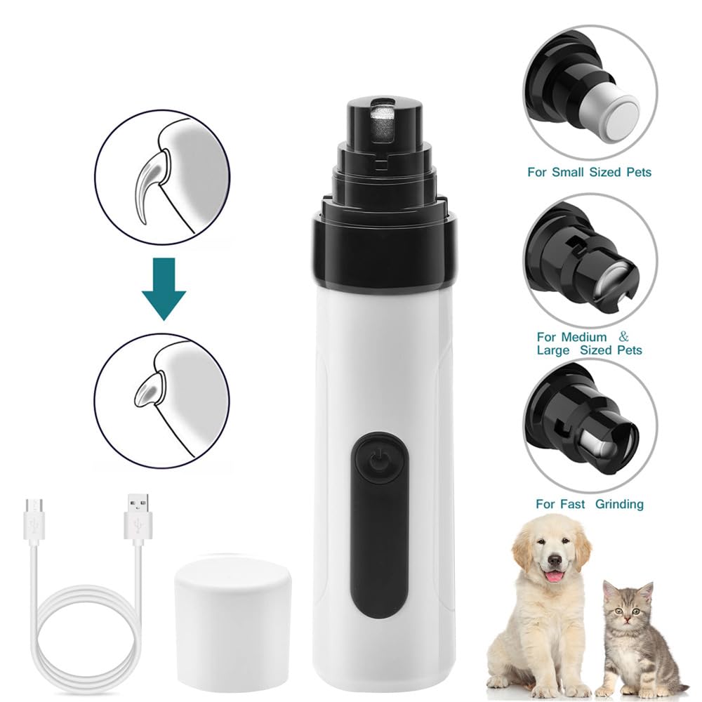 Silent Groom Pro Nail Grinder - Rechargeable USB Dog Nail Trimmer with 2 Grinding Heads - White, Model 1