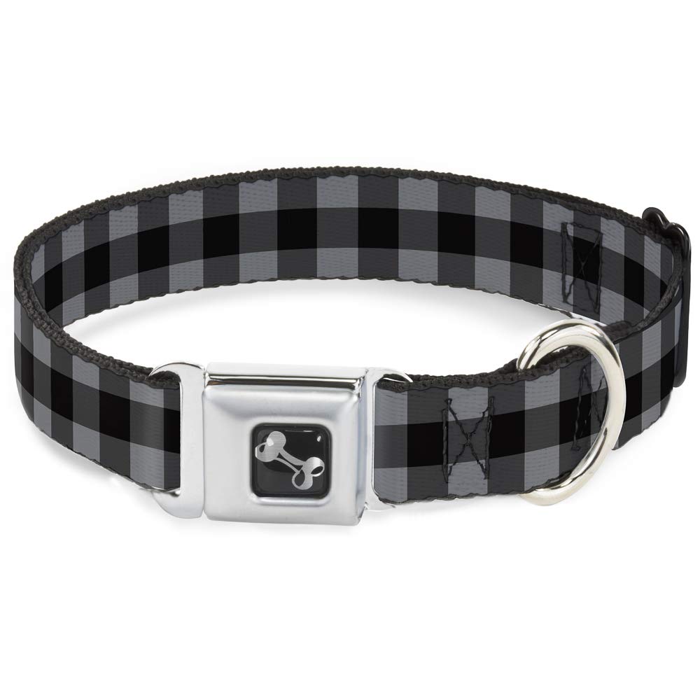 Dog Collar Seatbelt Buckle Buffalo Plaid Black Gray 16 To 23 Inches 1.5 Inch Wide