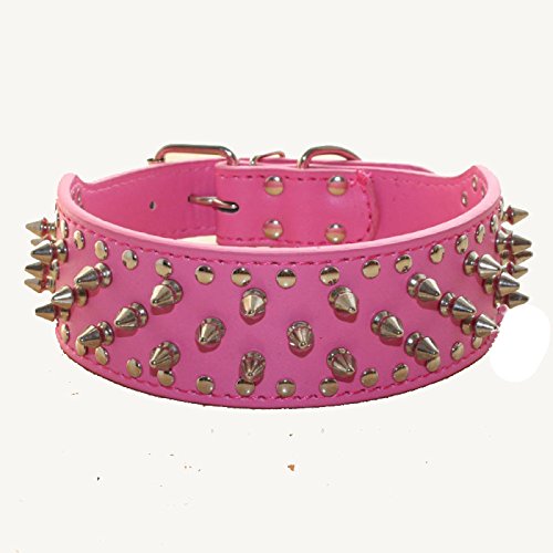 Haoyueer Leather Spiked Studded Medium & Large Dog Collars, Harnesses & Leashes 3Pcs Matching Set For Pit Bull,Mastiff, Boxer, Bull Terrier(Hot Pink,L)