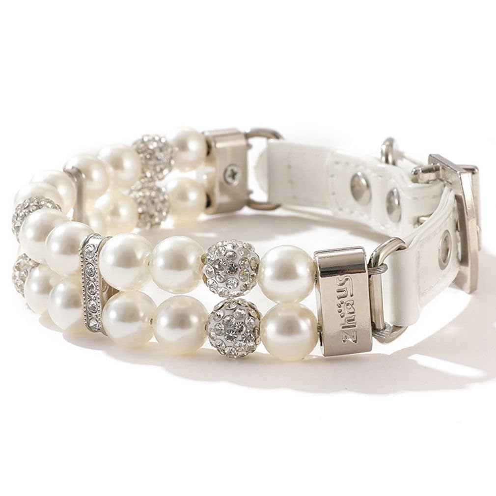 White Dog Collar With Pearls, Fancy Crystal Bling Pearl Cat Collar Rhinestone Luxury Beaded Puppy Necklace Diamond Girl Pet Jewe
