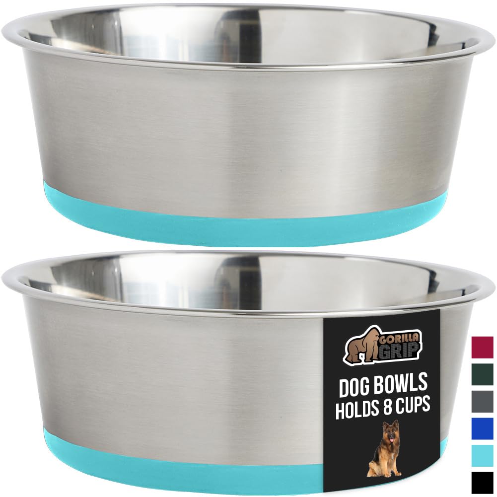GORILLA GRIP Set of 2 Dog Bowls, Holds 8 Cups (64 fl oz), Heavy Duty Metal Food and Water Bowl for Feeding Dogs and Cats, Dishwa