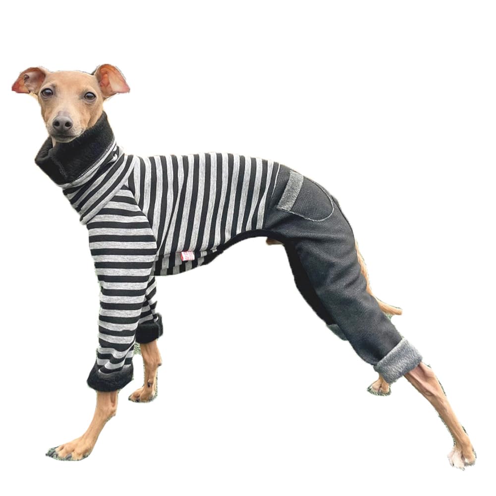 D Doggy Star Italian Greyhound Clothes Stripe Fleece Stretchable Denim Onesie Whippet For Dog Turtleneck Outfits Coat (Xl,Denim 