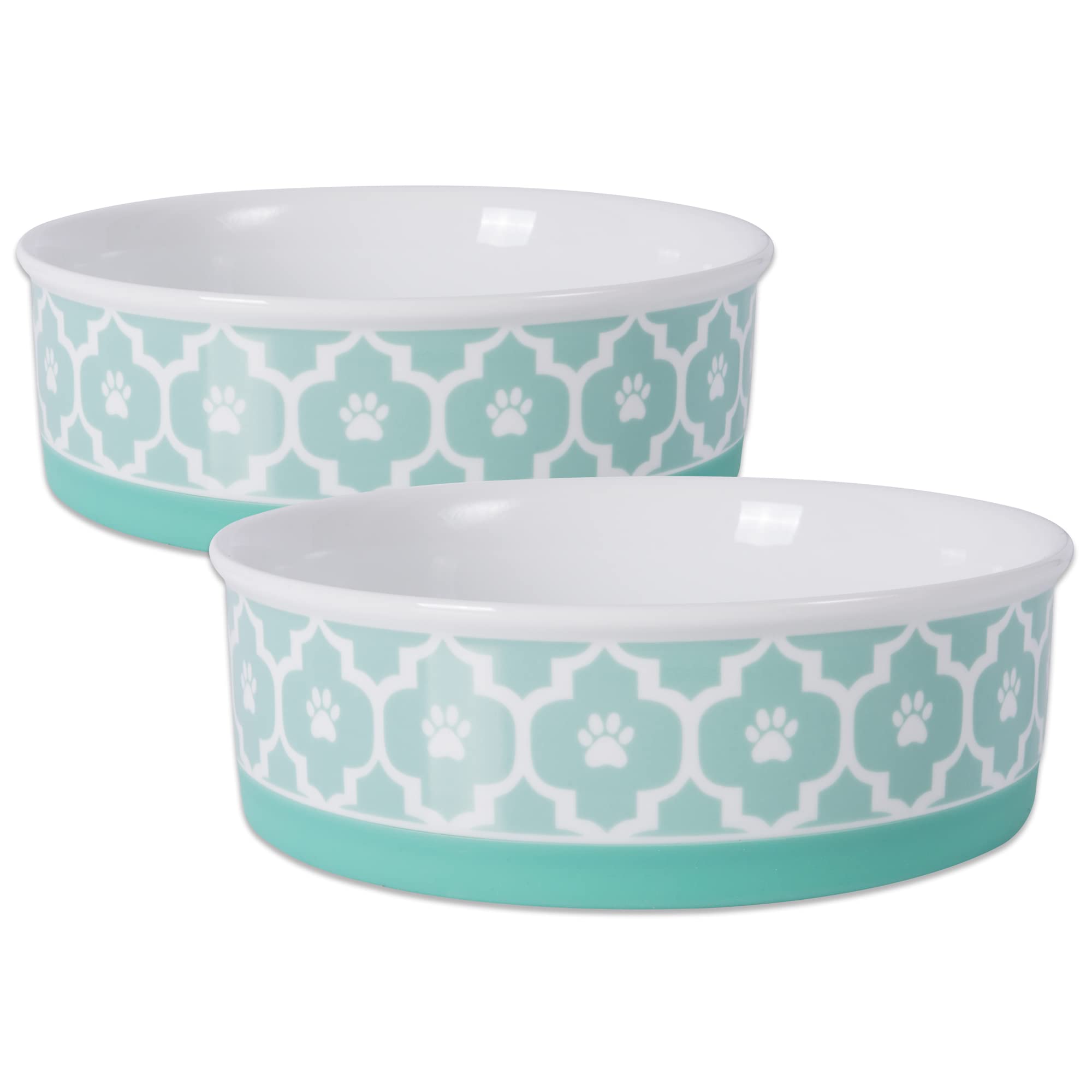 Bone Dry Paw Print Ceramic Pet Bowl, Lattice Collection, Large Set, 7.5x2.4, Aqua, 2 Count