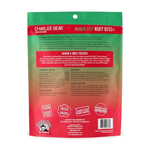 Charlee Bear Grain Free Meaty Bites Freeze Dried Dog Treats, Salmon and Sweet Potato, 2.25 Ounce Resealable Bag, Training Treats