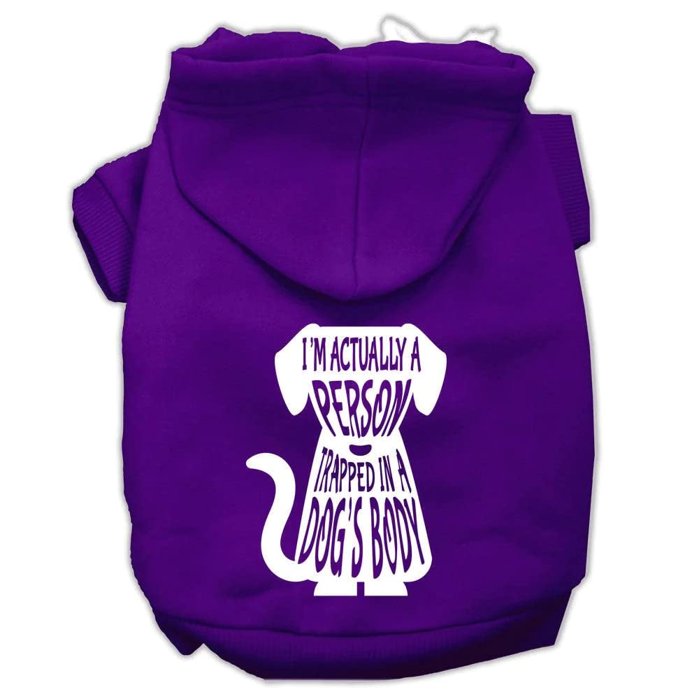 Pet Dog & Cat Hoodie Screen Printed, 'I'M Actually A Person Trapped In A Dog'S Body' Purple Sm (3-6 Lbs.)