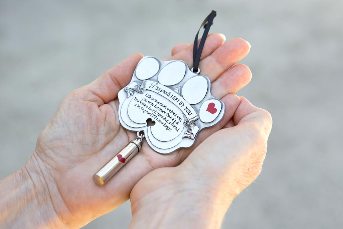 Pet Memorial Ornament - 3' Metal Casted Paw Print Design Ornament With Ash Vial - Beautiful Remembrance Gift For A Grieving Pet Owner - Includes Pawprints Left By You Poem Card