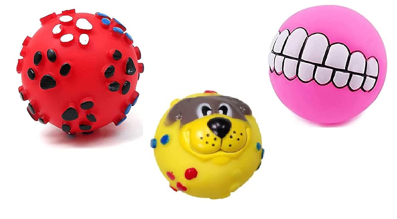 Dog Trust Dog Ball And Squeaky Toys 3 In 1 Combo For Dogs Puppy Cats (Paw Print+Dog Face Ball+Funny Teeth Ball