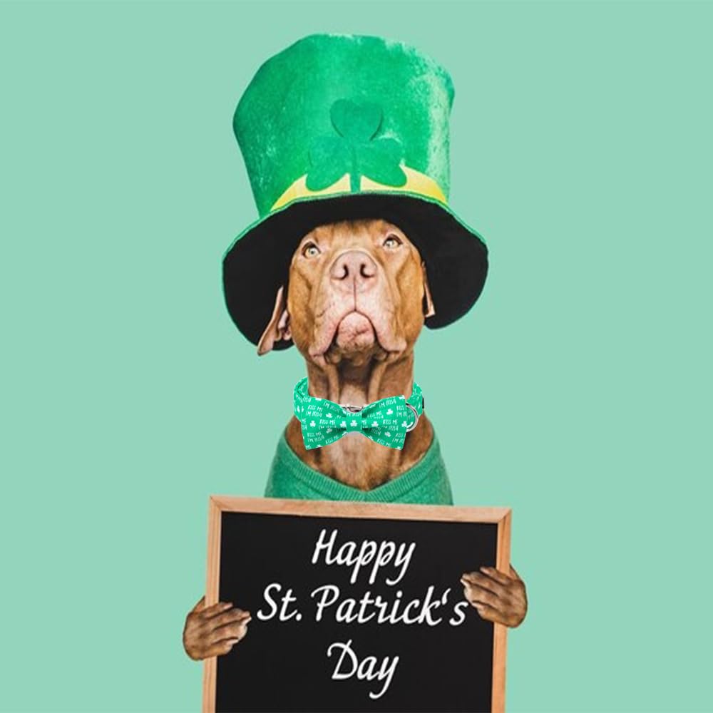 Unique Style Paws St. Patrick'S Dog Collar With Bow Green Clover Dog Collar Bowtie Collar For Large Medium Small Dogs