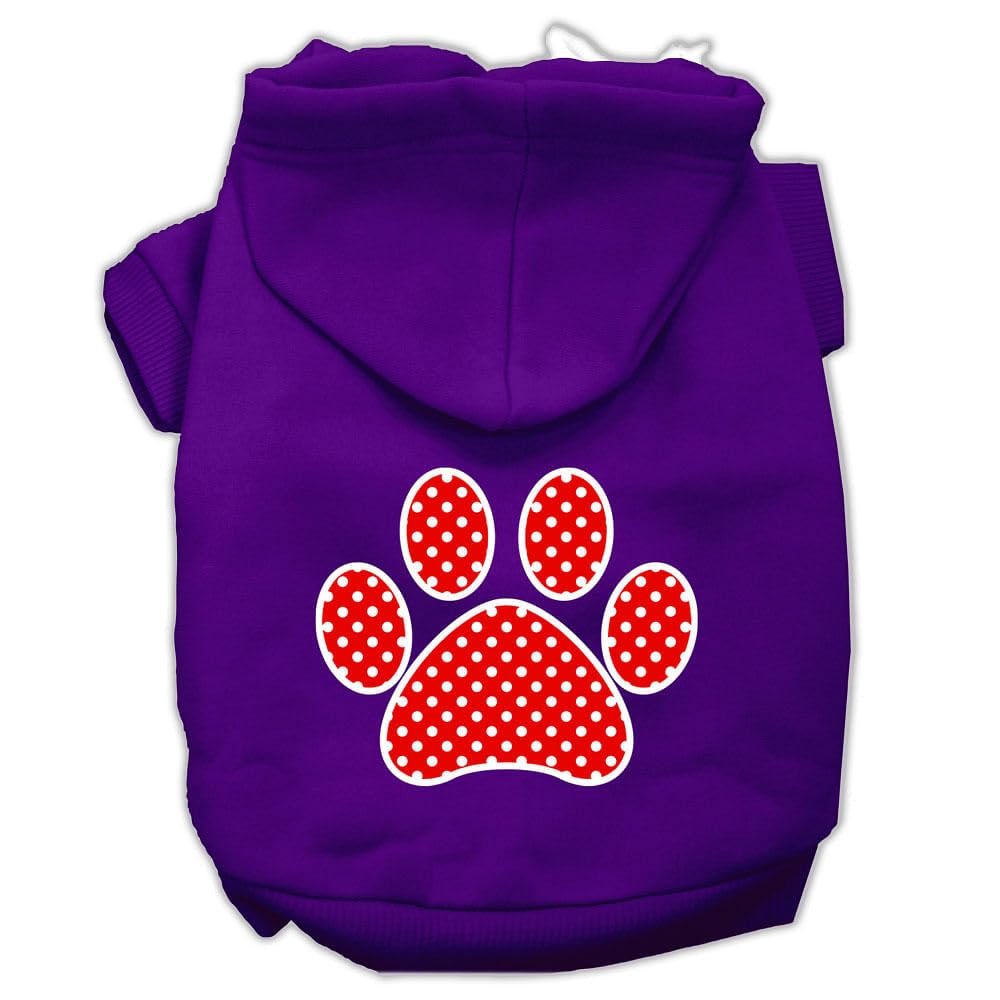 Pet Dog & Cat Hoodie Screen Printed, 'Red Swiss Dots Paw' Purple Sm (3-6 Lbs.)