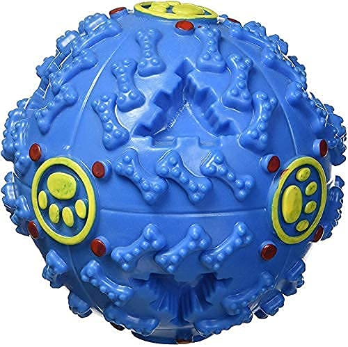 Pet Guard Squeaky Dog Toy Ball Feeding Food Dental Cleaning Training/Playing Interactive Tooth Care Treat Iq Zone (Large, Blue) 