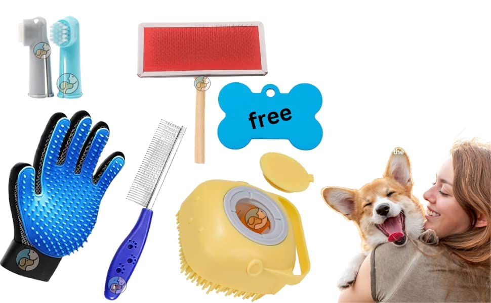 Dog Trust Grooming Kit Dog Bathing Gloves + Dog Stainless Steel Single Side Comb + Red Wooden Slicker+ 2pcs Dog Finger Pet Tooth