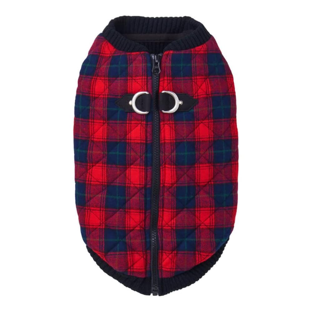 Gooby Fashion Vest Check Dog Jacket - Red Check, Medium - Warm Zip Up Bomber Vest with Dual D Ring Leash - Winter Water Resistan