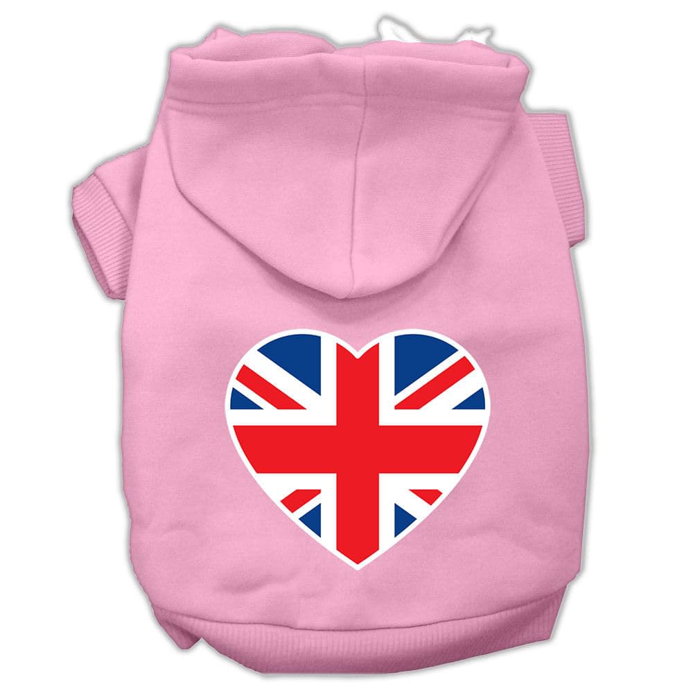 Pet Dog & Cat Hoodie Screen Printed, 'British Flag Heart' Light Pink Lg (10-14 Lbs.)