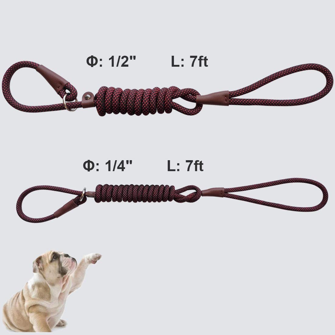 BTINESFUL 7FT Slip Lead Dog Leash, Strong Nylon Rope Leash, 1/4 & 1/2 inch Diam Dog Training Lead for Small Medium Large Dogs