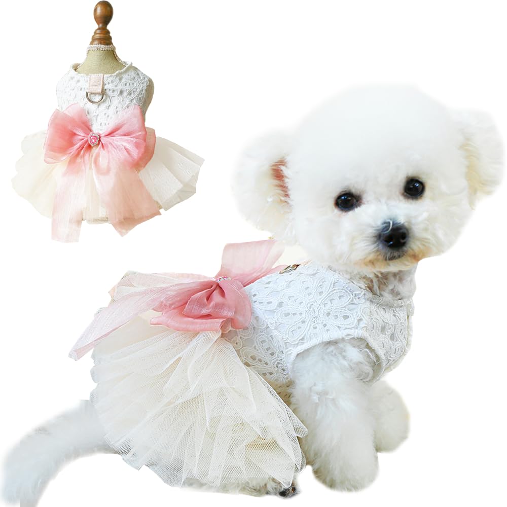 Anelekor White Small Dog Wedding Dress With D-Ring, Bow Knot Puppy Clothes For Small Dog Girl,Cat Birthday Outfit, Pet Party Dre