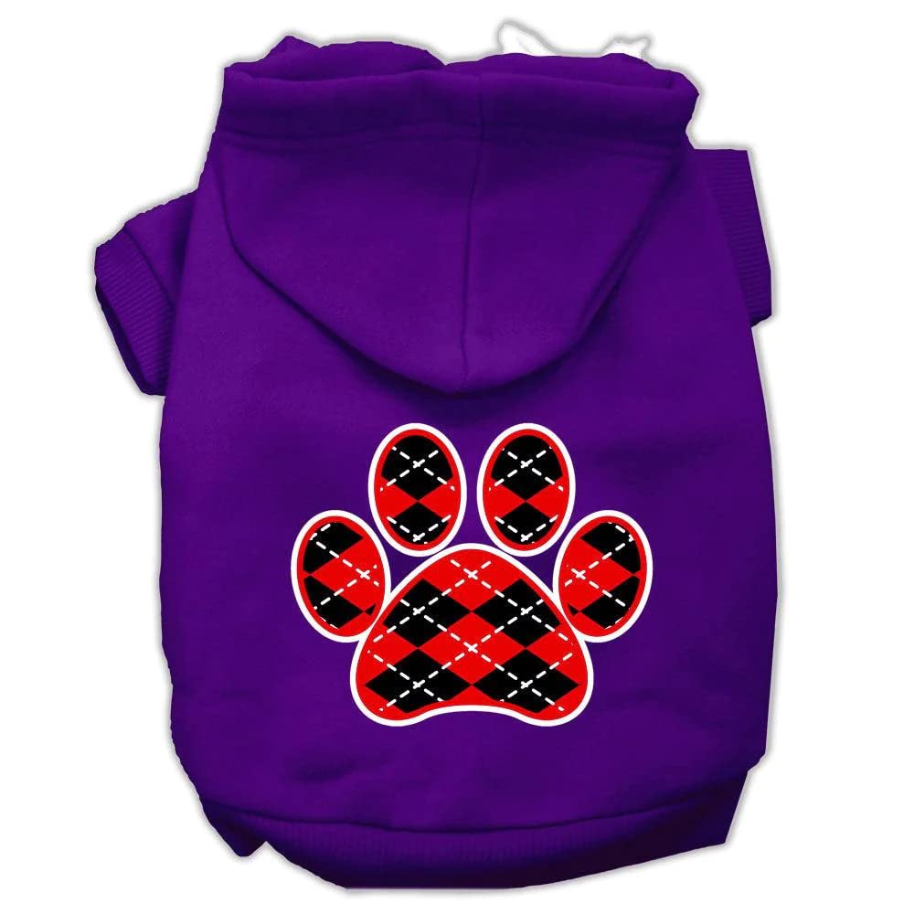 Pet Dog & Cat Hoodie Screen Printed, Red Argyle Paw Purple SM (3-6 lbs.)