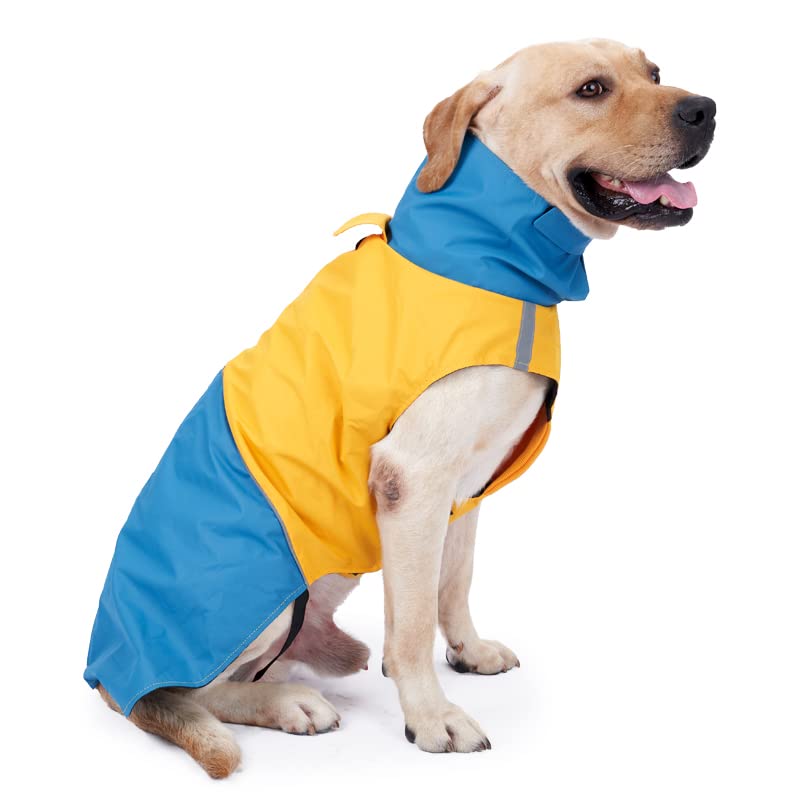 Odssdapu Dog Winter Coat, X-Small, Blue+Yellow, Waterproof, High-Collar, Reflective Strip, Leash Hole, Polyester