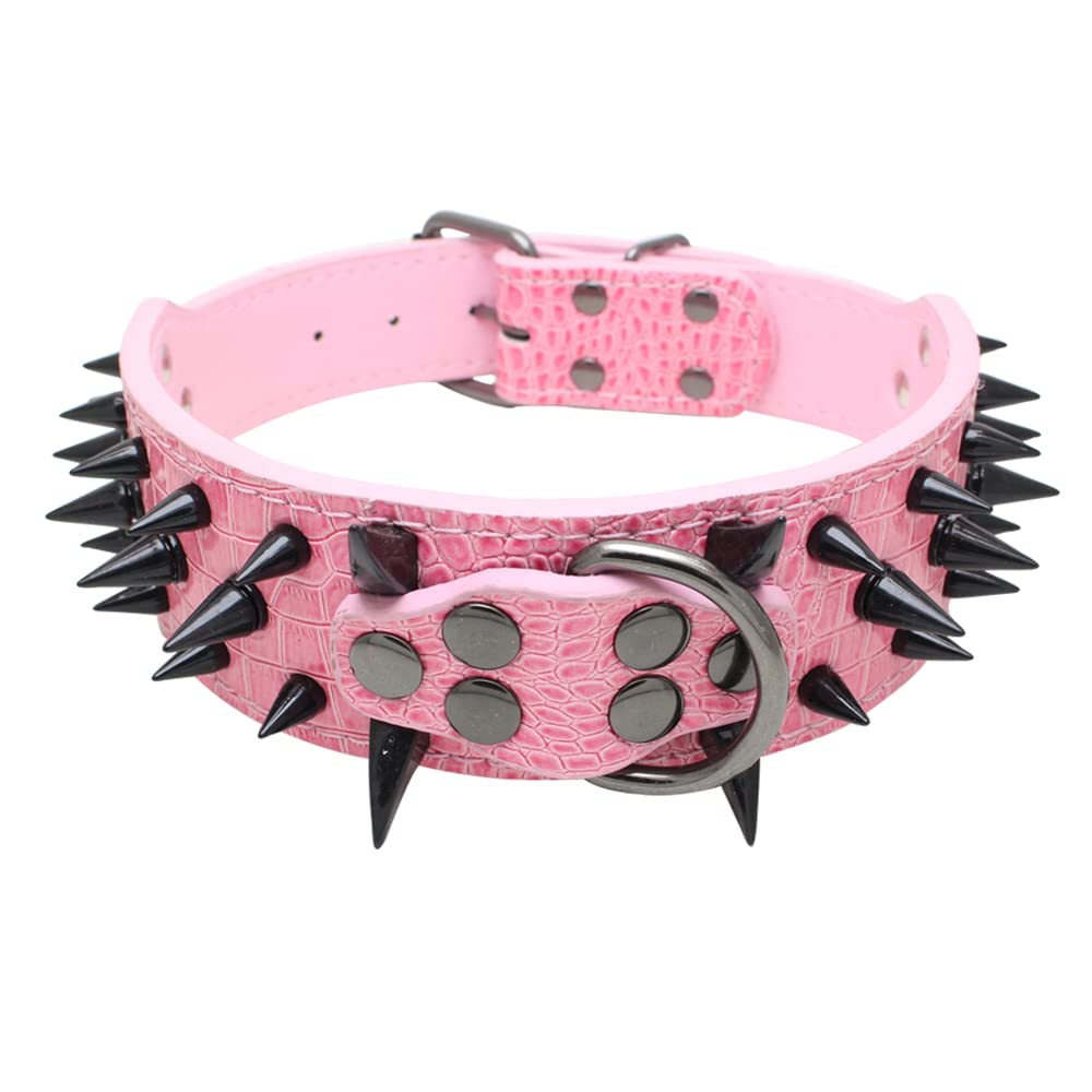 Serijoars Spiked Studded Dog Collar, Pu Leather Dog Collar, Adjustable Pet Collars For Medium Or Large Breed Pet (L, Pink3)