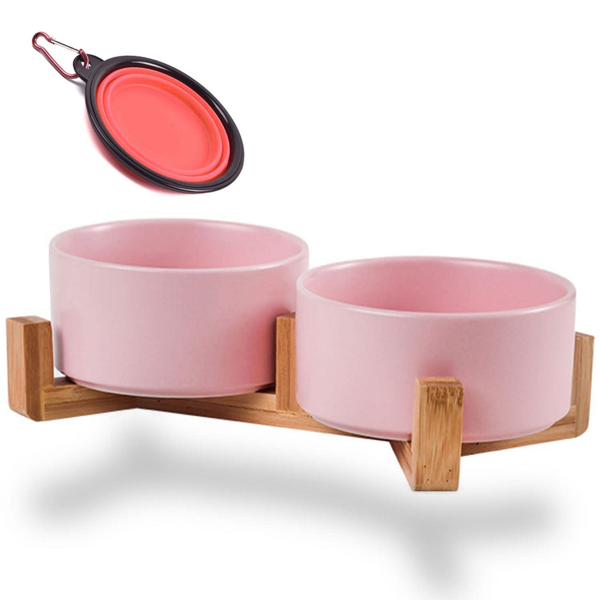 Petygooing Dog Bowls,Pink Ceramic Cat Dog Bowl Set With Wood Stand For Food And Water,Non-Slip Cute Weighted Modern Pet Dish Set For Cats & Medium Dogs (13.5Oz/5.1 In)