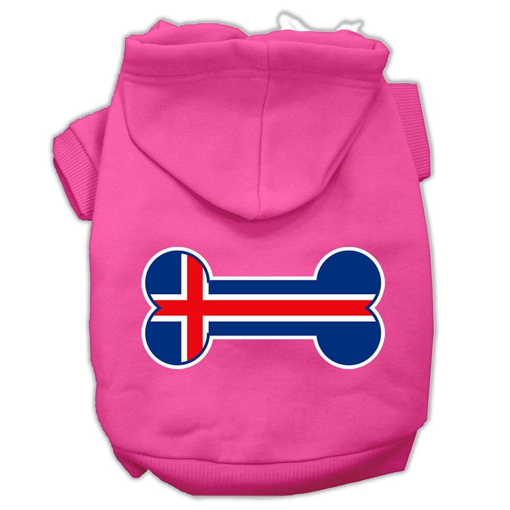Pet, Dog & Cat Hoodie Screen Printed, 'Bone Shaped Iceland Flag' Bright Pink Xs