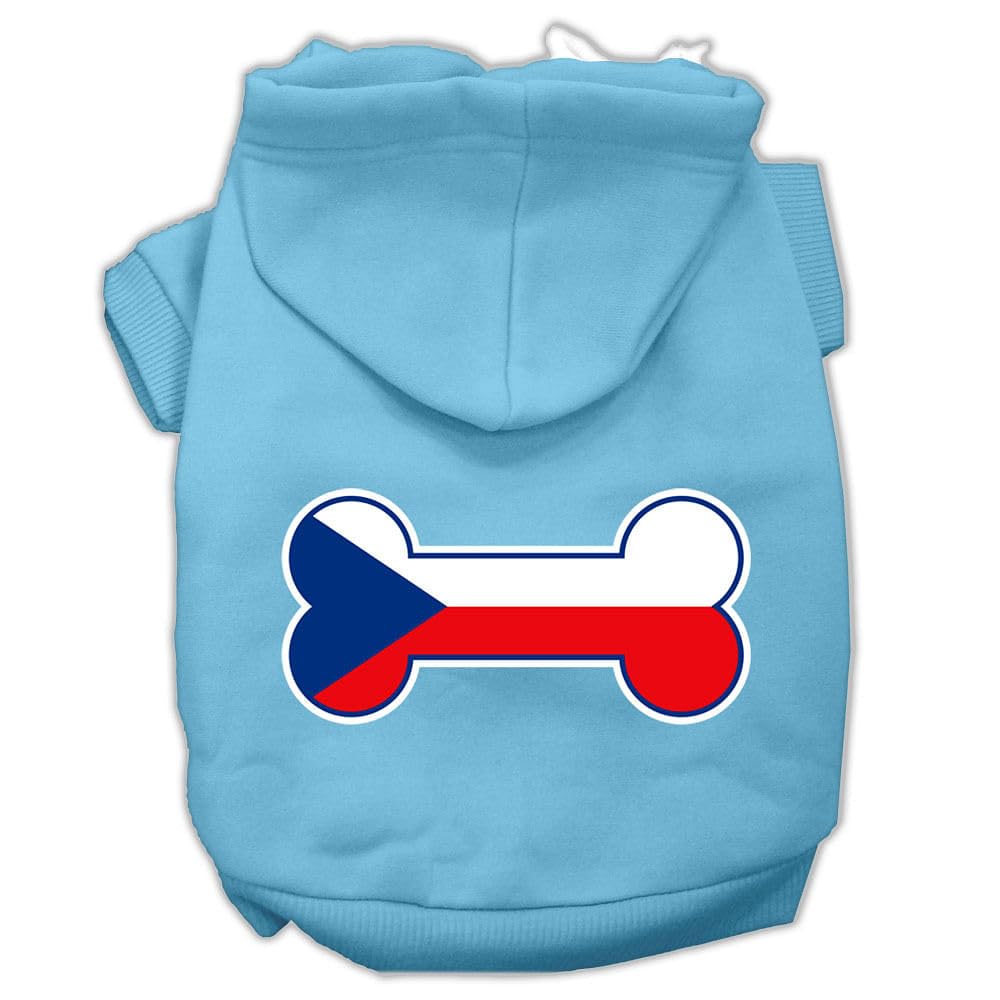 Pet, Dog & Cat Hoodie Screen Printed, 'Bone Shaped Czech Republic Flag' Baby Blue Xl (14-20 Lbs.)