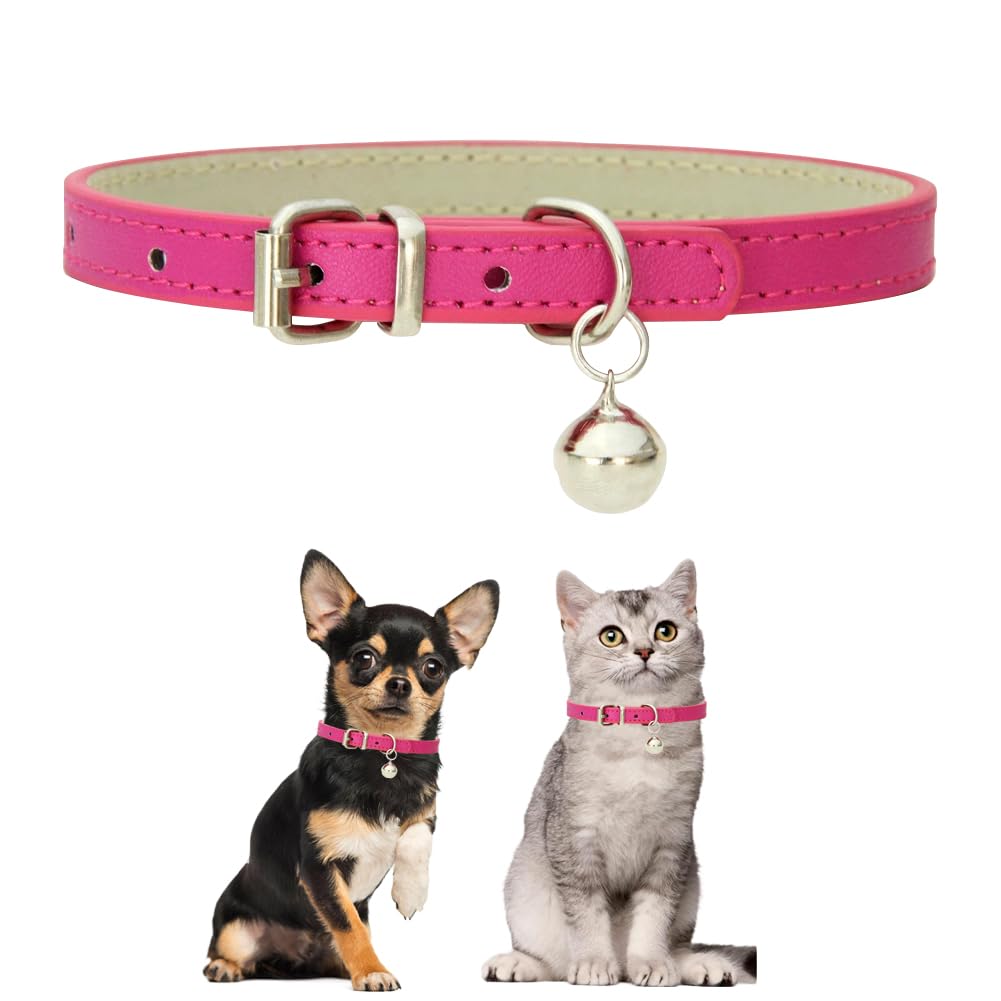 Hot Pink Small Dog Collar With Bell,Kitten Collars With Bell,Soft Pu Leather Puppy Collar Girl Adjustable Buckle For Xxs Extra S
