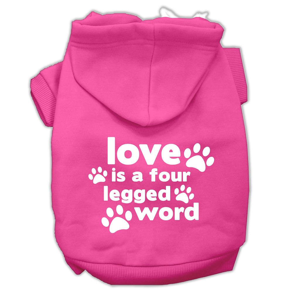 Pet Dog & Cat Hoodie Screen Printed, 'Love Is A Four Legged Word' Bright Pink Sm (3-6 Lbs.)