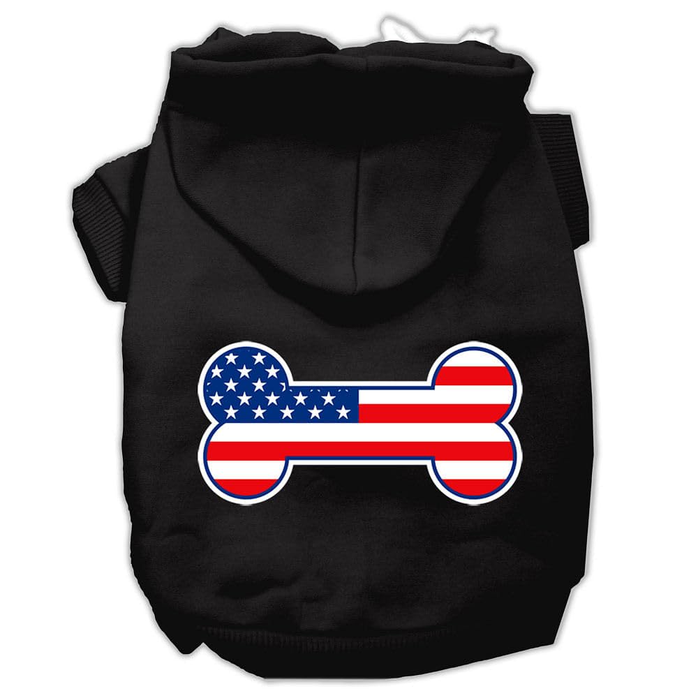 Pet Dog & Cat Hoodie Screen Printed, 'Bone Shaped American Flag' Black Xl (14-20 Lbs.)