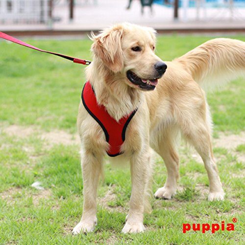 Puppia Soft Dog Harness No Choke Over-The-Head Triple Layered Breathable Mesh Adjustable Chest Belt And Quick-Release Buckle, Red, Small