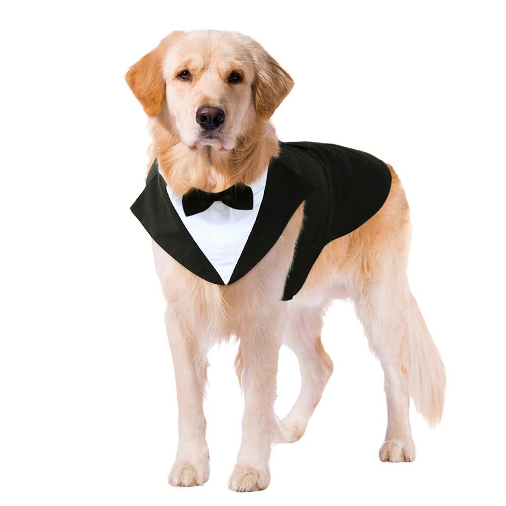 Kuoser Dog Tuxedo Dog Suit And Bandana Set, Dogs Tuxedo Wedding Party Suit, Dog Prince Wedding Bow Tie Shirt Formal Dog Wedding Attire For Large And Medium Dogs Golden Retriever Samo Bulldogs